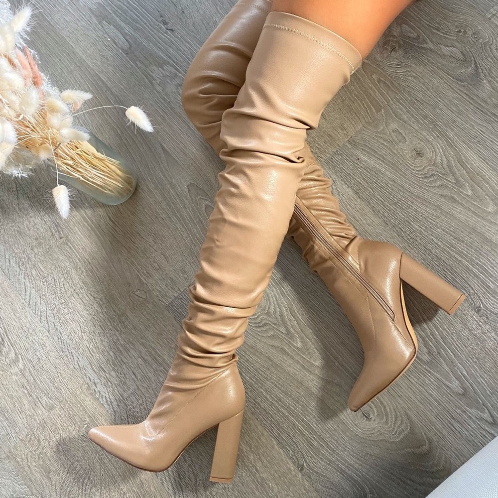 TORAS DARK NUDE BLOCK HEEL RUCHED THIGH HIGH BOOTS